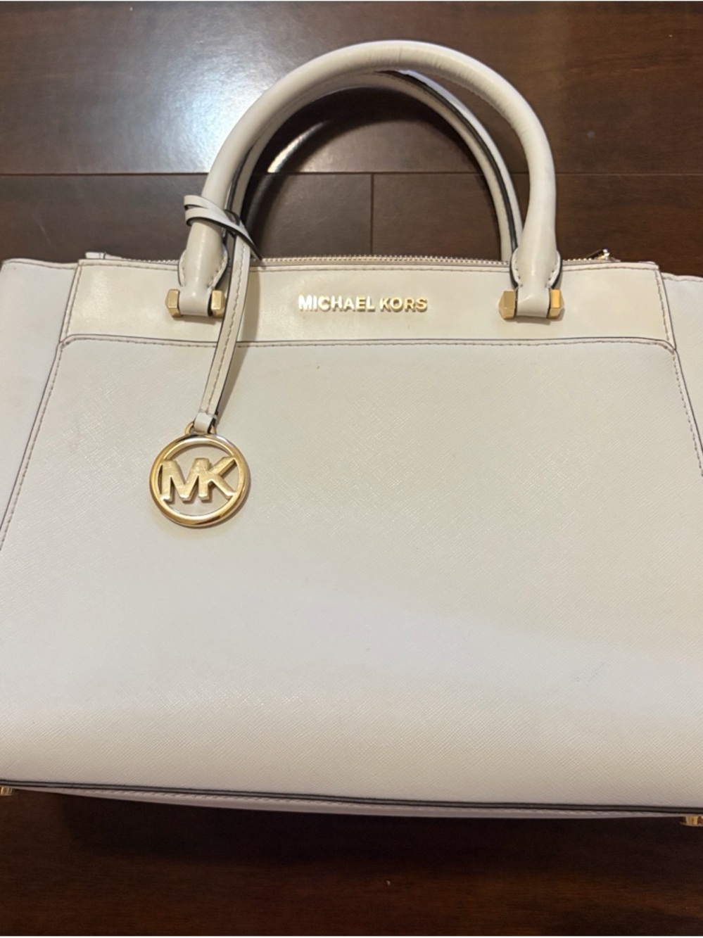 Michael Kors White Leather Tote Satchel with Gold Accents. Large size